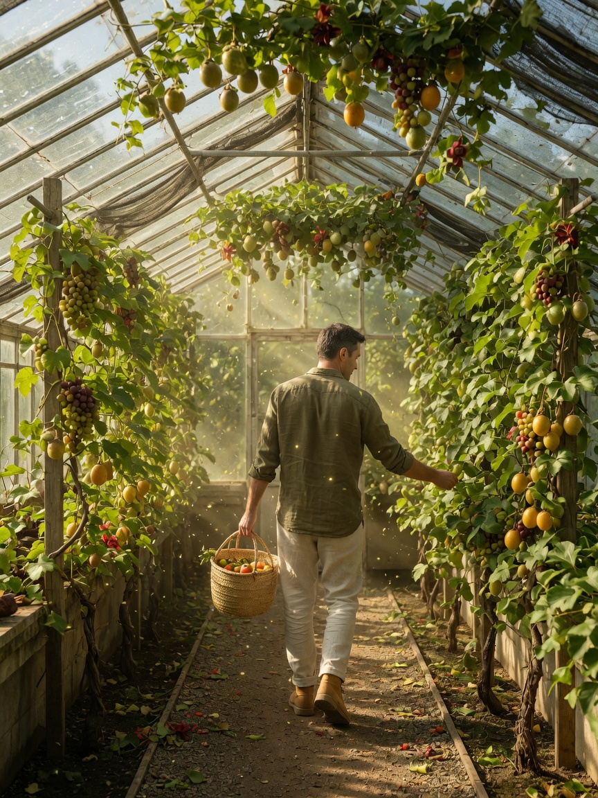 Yield operator walking a sunlit greenhouse aisle