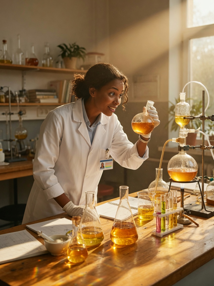 Researcher at a sunlit lab bench
